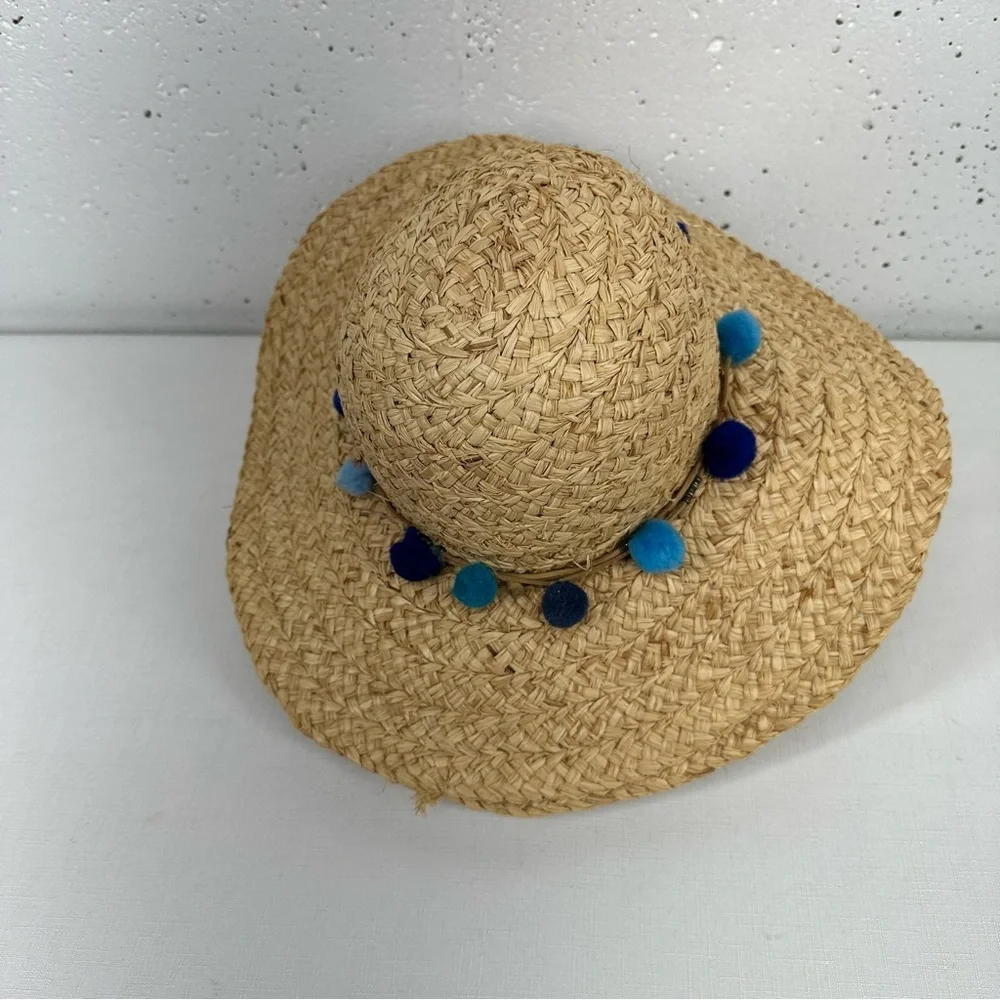 Pool to Party by Subtle Luxury Wide Brim Straw Floppy Sun Hat with Blue Pom Poms